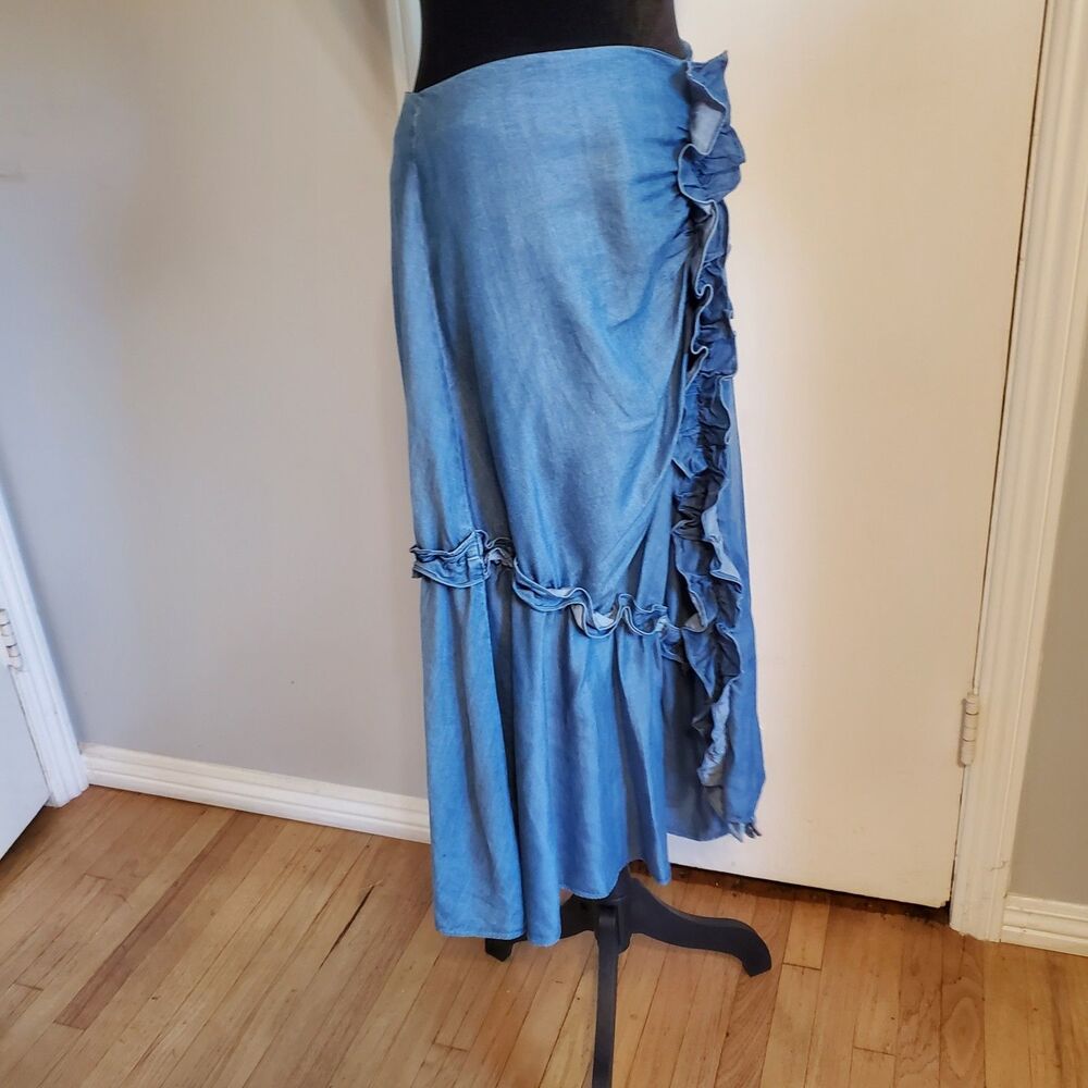 Chelsea28 Ruffle Gathered Midi Skirt Chambray Size S Boho Country Cottage Fairy - Picture 4 of 9